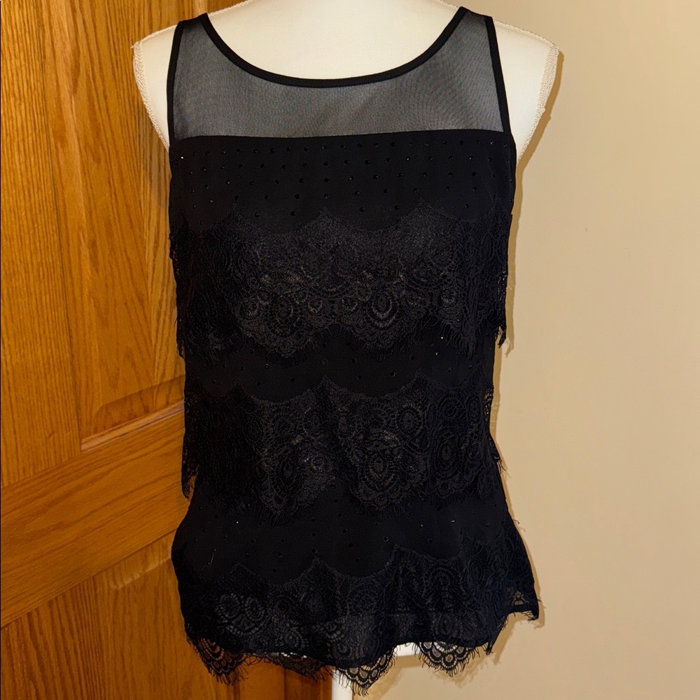 White House Black Market Black Lace Tank Top Embellished with lace and bling